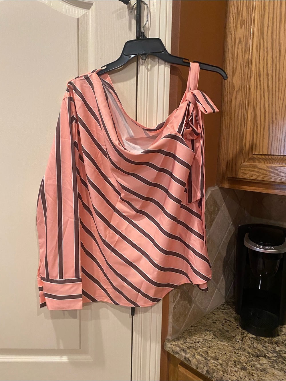 One-Shoulder Pink Striped Satin Top with Bow